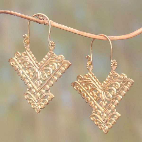 Alternate image for Pointed 18k Gold Plated Brass Drop Earrings from Bali Glamorous Pura