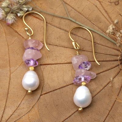 Primary image for Gold-Plated Cultured Pearl Amethyst and Rose Quartz Earrings Galaxy Margarita
