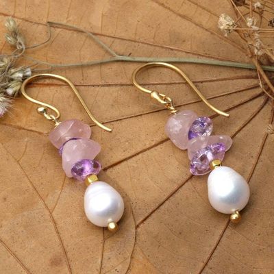 Alternate image for Gold-Plated Cultured Pearl Amethyst and Rose Quartz Earrings Galaxy Margarita