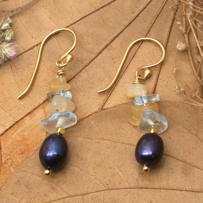 Primary image for 18k Gold-Plated Cultured Pearl Aquamarine Citrine Earrings Galaxy Fantasy