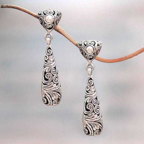 Alternate image for Spiral Pattern Sterling Silver Dangle Earrings from Bali Traditional Tendrils