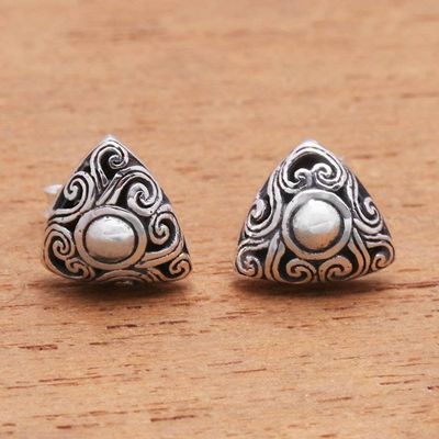 Alternate image for Spiral Pattern Triangular Sterling Silver Stud Earrings Tegallalang Triangles