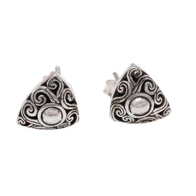 Alternate image for Spiral Pattern Triangular Sterling Silver Stud Earrings Tegallalang Triangles