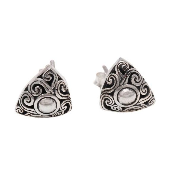 Alternate image for Spiral Pattern Triangular Sterling Silver Stud Earrings Tegallalang Triangles