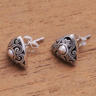 Alternate image for Spiral Pattern Triangular Sterling Silver Stud Earrings Tegallalang Triangles