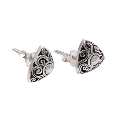 Alternate image for Spiral Pattern Triangular Sterling Silver Stud Earrings Tegallalang Triangles