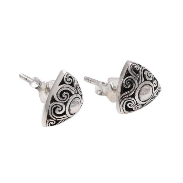 Alternate image for Spiral Pattern Triangular Sterling Silver Stud Earrings Tegallalang Triangles