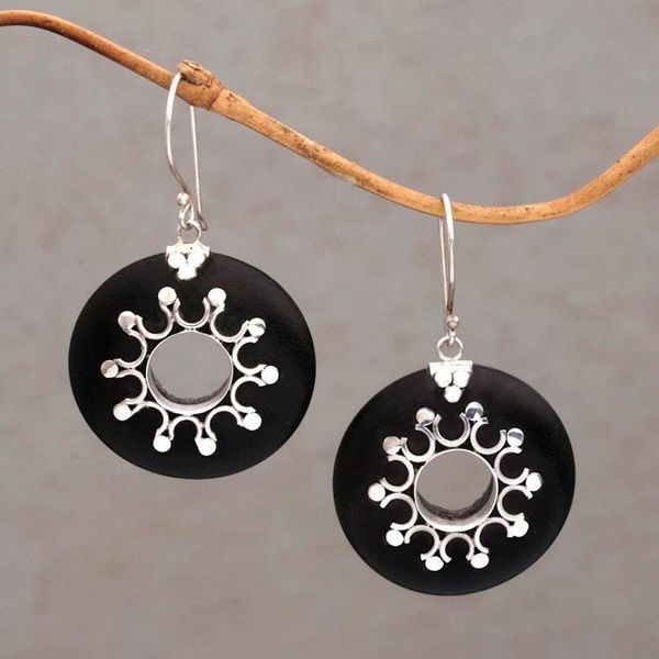 Alternate image for Sterling Silver and Sono Wood Circular Earrings from Bali Eclipse the Sun