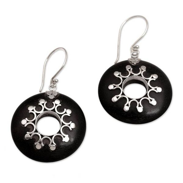Alternate image for Sterling Silver and Sono Wood Circular Earrings from Bali Eclipse the Sun