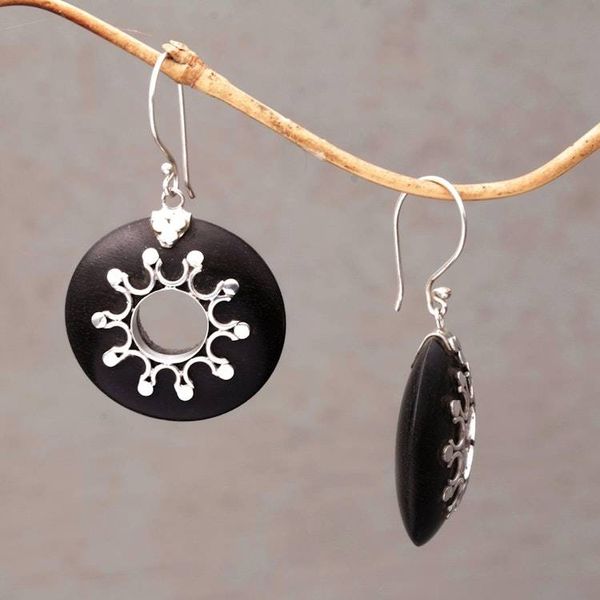 Alternate image for Sterling Silver and Sono Wood Circular Earrings from Bali Eclipse the Sun