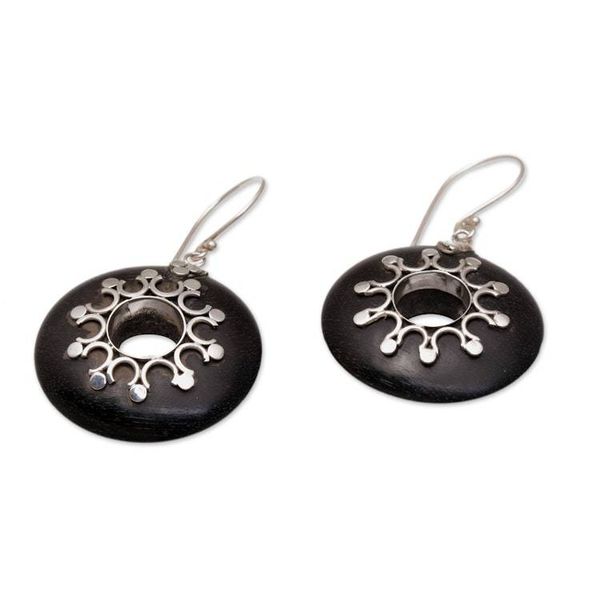 Alternate image for Sterling Silver and Sono Wood Circular Earrings from Bali Eclipse the Sun