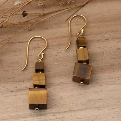 Primary image for Dangle Earrings with Tigers Eye and Gold-Plated Brass Beads Classic Chocolate