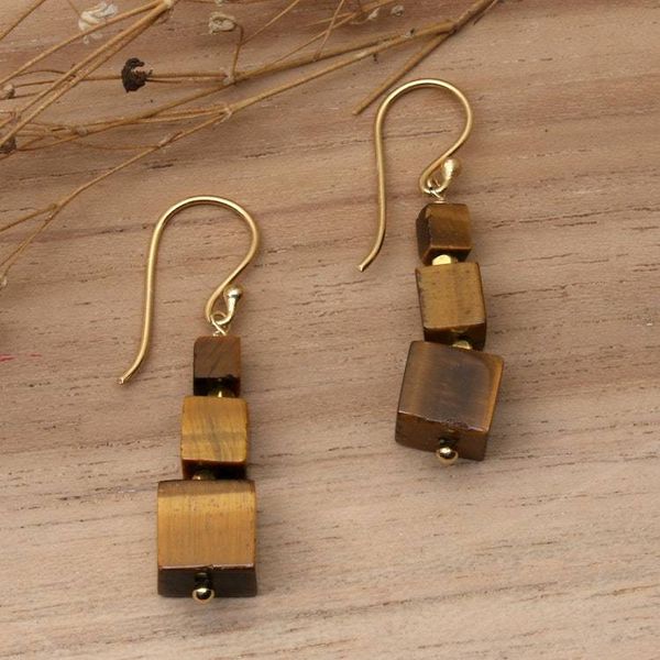 Alternate image for Dangle Earrings with Tigers Eye and Gold-Plated Brass Beads Classic Chocolate