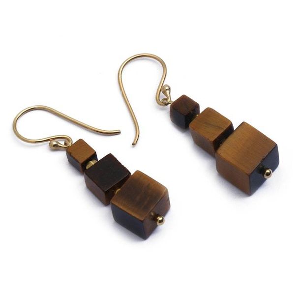 Alternate image for Dangle Earrings with Tigers Eye and Gold-Plated Brass Beads Classic Chocolate