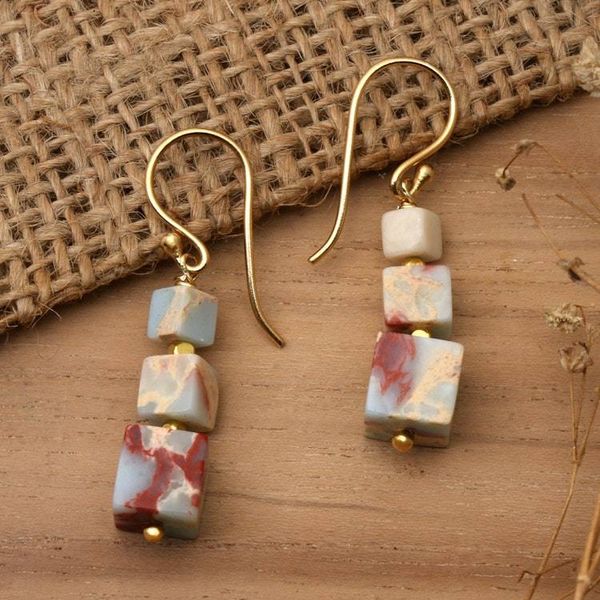 Alternate image for Square-Themed Gold-Plated Jasper Beaded Dangle Earrings Magical Geometry