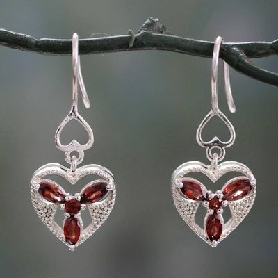 Primary image for Hand Crafted Silver and Garnet Heart Shaped Dangle Earrings Radiant Romance