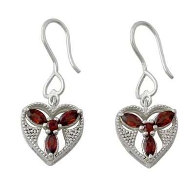 Alternate image for Hand Crafted Silver and Garnet Heart Shaped Dangle Earrings Radiant Romance