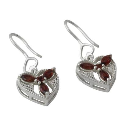 Alternate image for Hand Crafted Silver and Garnet Heart Shaped Dangle Earrings Radiant Romance