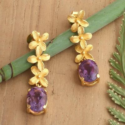 Primary image for 7-Carat Amethyst Gold-Plated Ashoka Flower Dangle Earrings Purple Garden