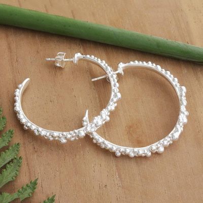 Primary image for Textured Silver Half-Hoop Earrings with Bubble Orb Accents Delicate Orbs