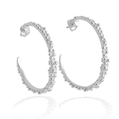 Alternate image for Textured Silver Half-Hoop Earrings with Bubble Orb Accents Delicate Orbs
