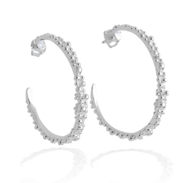 Alternate image for Textured Silver Half-Hoop Earrings with Bubble Orb Accents Delicate Orbs