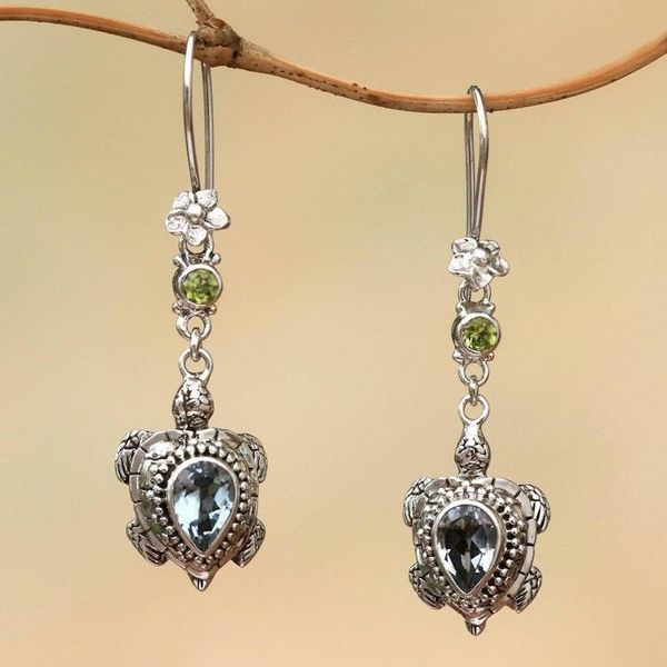 Alternate image for Blue Topaz and Peridot Turtle Earrings from Bali Jepun Turtles