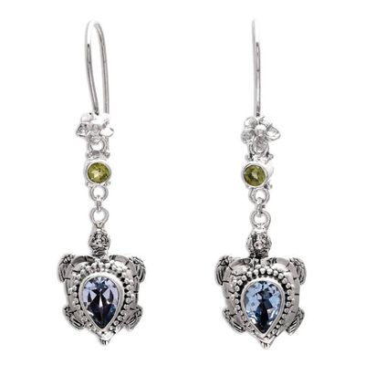 Alternate image for Blue Topaz and Peridot Turtle Earrings from Bali Jepun Turtles