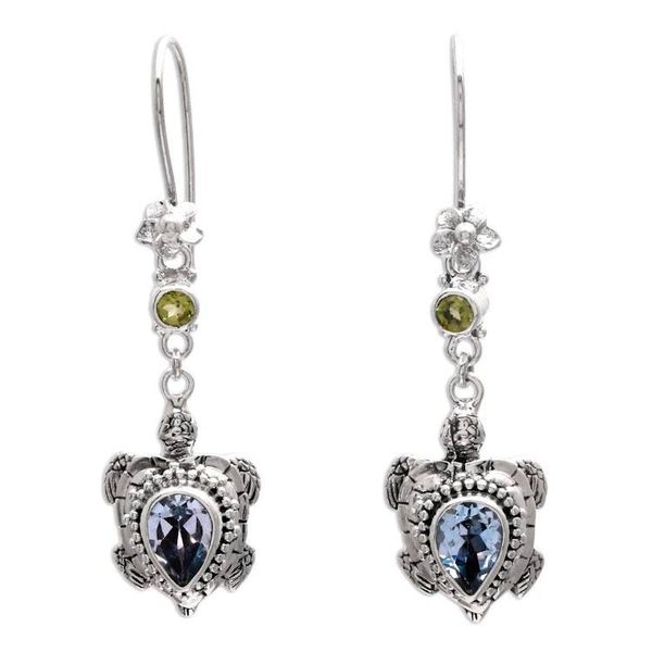 Alternate image for Blue Topaz and Peridot Turtle Earrings from Bali Jepun Turtles