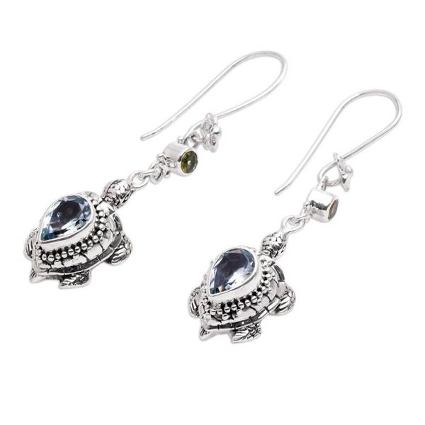 Alternate image for Blue Topaz and Peridot Turtle Earrings from Bali Jepun Turtles