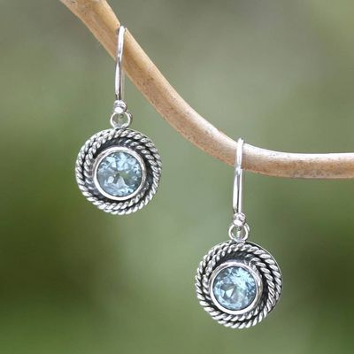 Primary image for Round Blue Topaz Dangle Earrings from Indonesia Nest of Chains in Blue