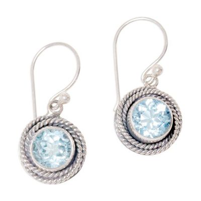 Alternate image for Round Blue Topaz Dangle Earrings from Indonesia Nest of Chains in Blue