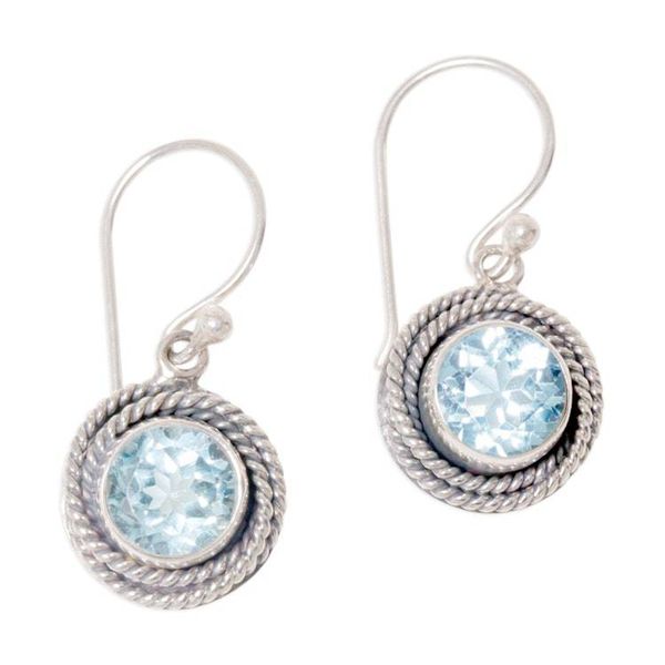 Alternate image for Round Blue Topaz Dangle Earrings from Indonesia Nest of Chains in Blue