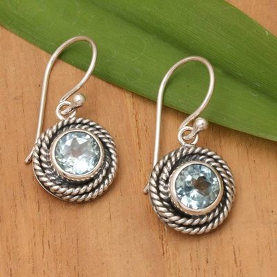 Alternate image for Round Blue Topaz Dangle Earrings from Indonesia Nest of Chains in Blue