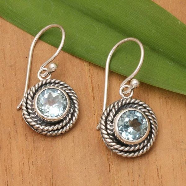 Alternate image for Round Blue Topaz Dangle Earrings from Indonesia Nest of Chains in Blue