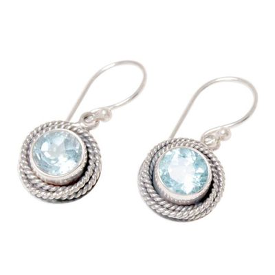 Alternate image for Round Blue Topaz Dangle Earrings from Indonesia Nest of Chains in Blue
