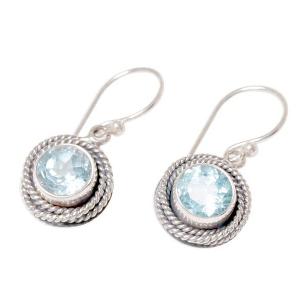 Alternate image for Round Blue Topaz Dangle Earrings from Indonesia Nest of Chains in Blue