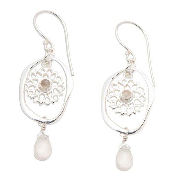 Alternate image for Chakra Themed Sterling Silver Rose Quartz Dangle Earrings Pink Aura Chakra
