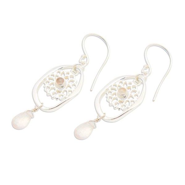 Alternate image for Chakra Themed Sterling Silver Rose Quartz Dangle Earrings Pink Aura Chakra
