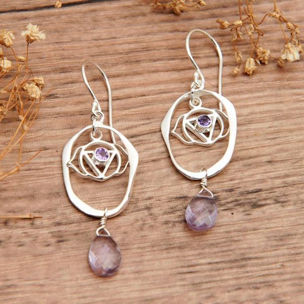 Alternate image for Chakra Themed Sterling Silver and Amethyst Dangle Earrings Purple Crown Chakra