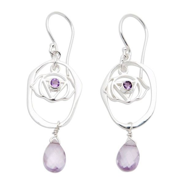 Alternate image for Chakra Themed Sterling Silver and Amethyst Dangle Earrings Purple Crown Chakra