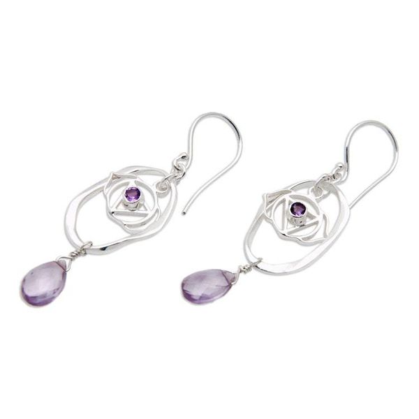 Alternate image for Chakra Themed Sterling Silver and Amethyst Dangle Earrings Purple Crown Chakra