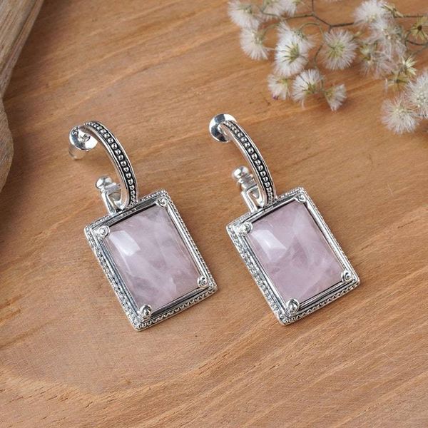 Alternate image for Classic-Inspired Rectangular Rose Quartz Dangle Earrings Tender Empress