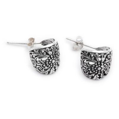 Alternate image for Silver Half-Hoop Earrings with Balinese Floral Swirl Motifs Botanical Allure