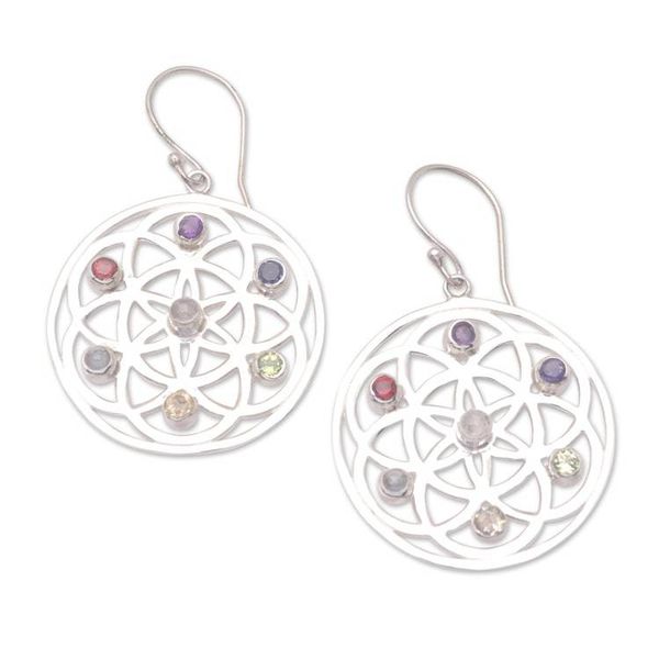 Alternate image for Multi-Gemstone Chakra-Themed Sterling Silver Dangle Earrings Universal Chakras