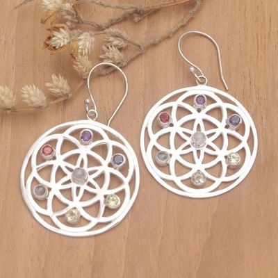 Alternate image for Multi-Gemstone Chakra-Themed Sterling Silver Dangle Earrings Universal Chakras