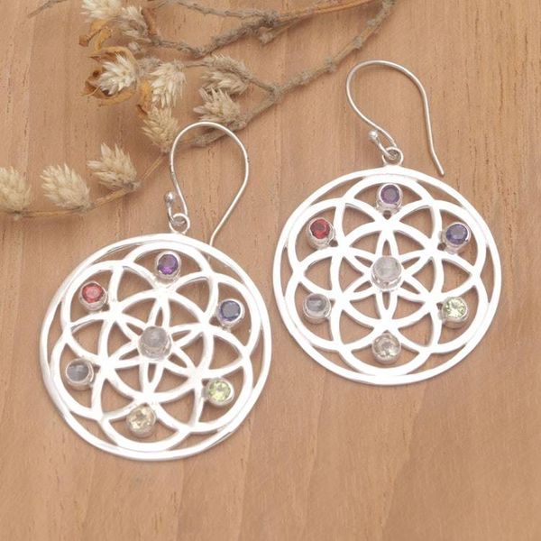 Alternate image for Multi-Gemstone Chakra-Themed Sterling Silver Dangle Earrings Universal Chakras
