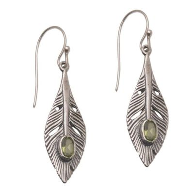 Alternate image for Peridot and Silver Feather Dangle Earrings from Bali Glittering Feathers