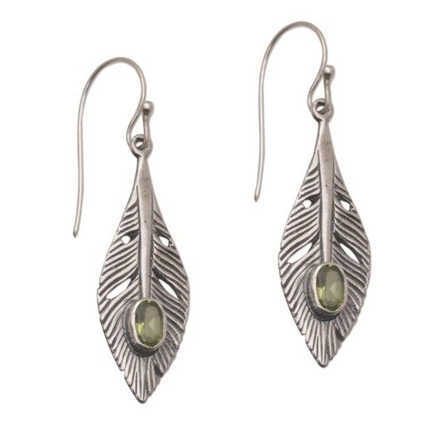Alternate image for Peridot and Silver Feather Dangle Earrings from Bali Glittering Feathers