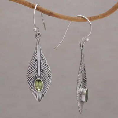 Alternate image for Peridot and Silver Feather Dangle Earrings from Bali Glittering Feathers